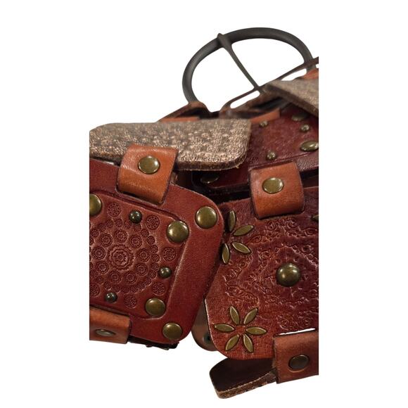 Fossil Wide Brown Studded Leather Belt | Boho Western Statement | M